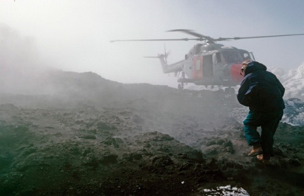 Rock sampling on the active summit crater on Bristol Island, South Sandwich Islands